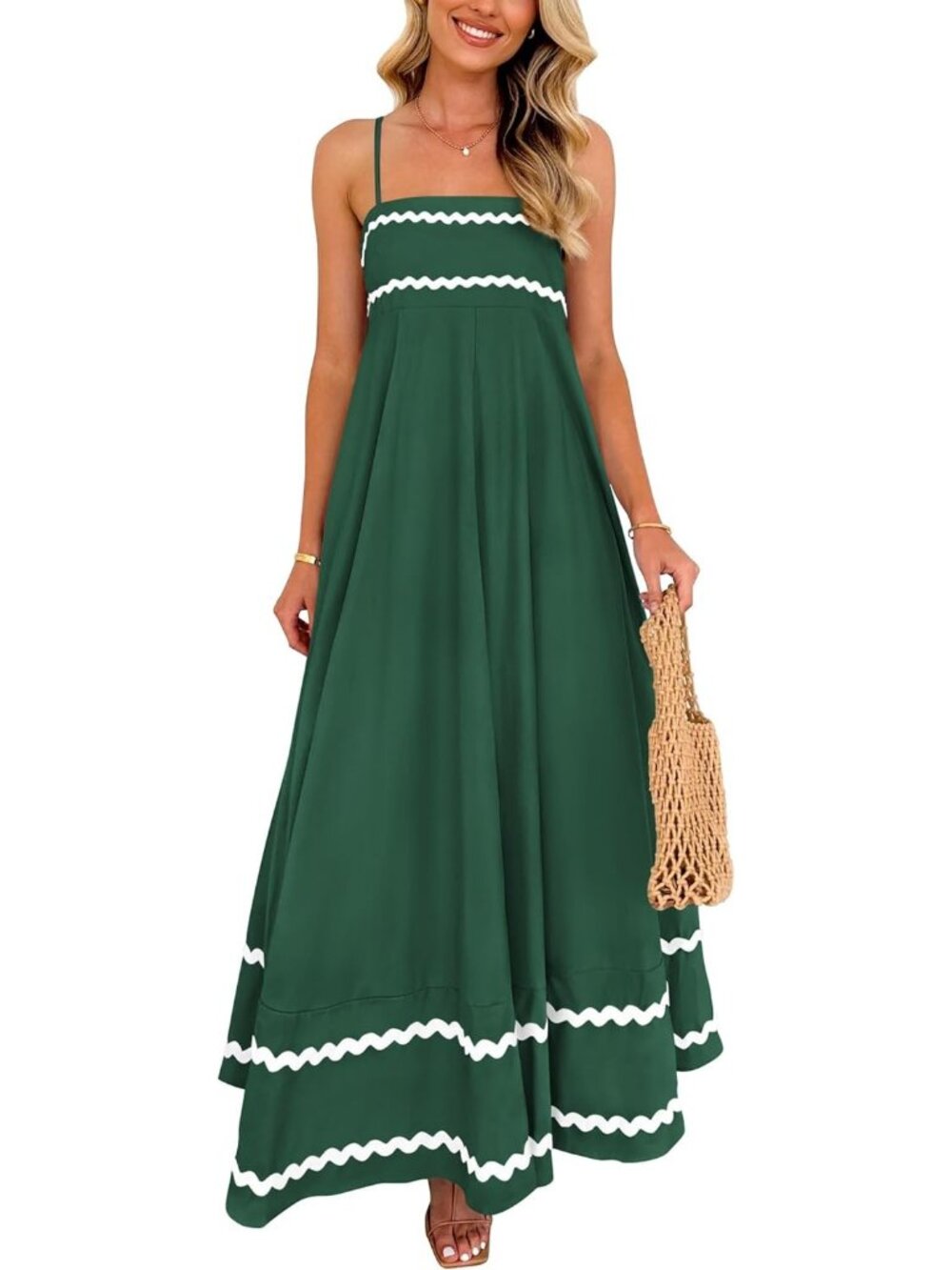 Women's Dark Green Flowy Maxi Summer Sleeveless Strap Ruffle Beach Long Dress